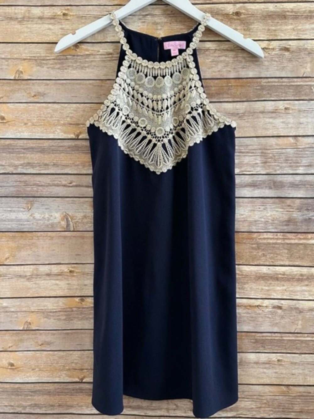 Lilly Pulitzer Pearl Soft Navy Blue Gold Lace Mini Shift Dress Size 00